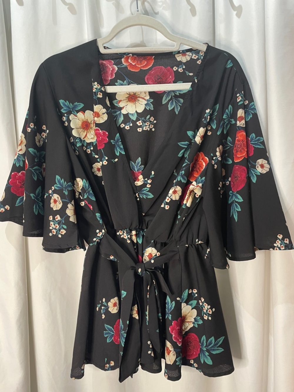 Black Floral Tie-Waist Kimono Top